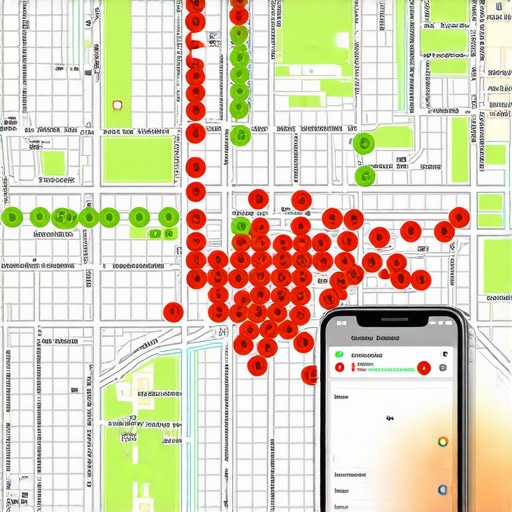 A city map overlay showing green and red ranking nodes for a business map pack profile.