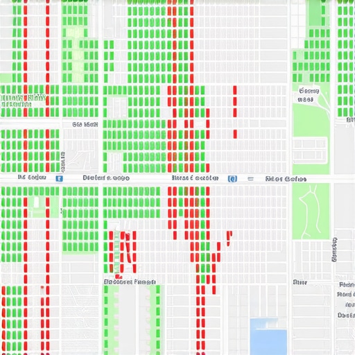 A grid-based tracking tool showing different ranking positions for a business across various geographic coordinates.