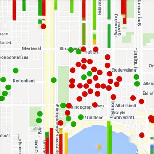 A local SEO tool interface displaying a ranking grid over a geographic area.