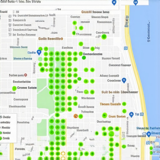 Local SEO grid tracking report showing map pack placement across a neighborhood.