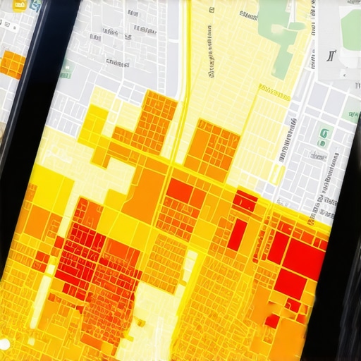 A city map on a tablet showing localized search ranking fluctuations based on distance from the city center.
